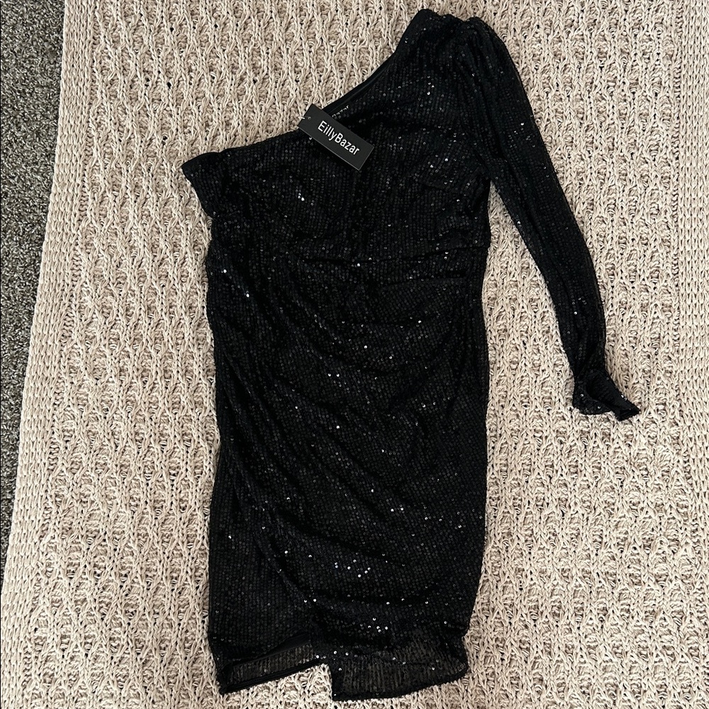 SHEIN Black One-Shoulder Sequin Dress